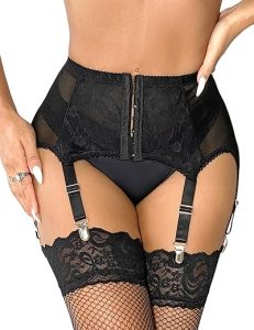 comeondear Women Sexy Lace Suspender Belt Mesh Garter Plus Size Lingerie Set with 6 Adjustable Wide Straps Stable Clip UK 8 22