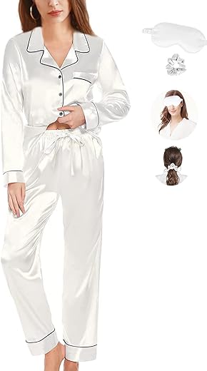 Y WJing Yi Jia Pyjamas For Women Ladies Silk Satin Pyjama Set Long 2pc Pj Sets Bride Pj Set Bridal Button Down Sleepwear Bridesmaid Pajamas Loungewear With Eye mask And Scrunchies 3 In 1 Set…